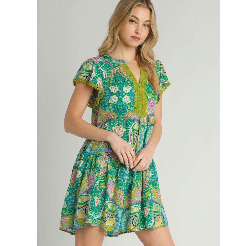 Umgee Green Multi Paisley Short Dress